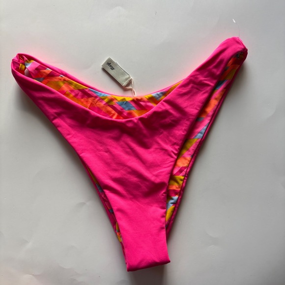 Maaji Reversible Bikini Bottoms Cheeky Hot Pink Geometric Print Swimsuit Size L - Picture 1 of 6